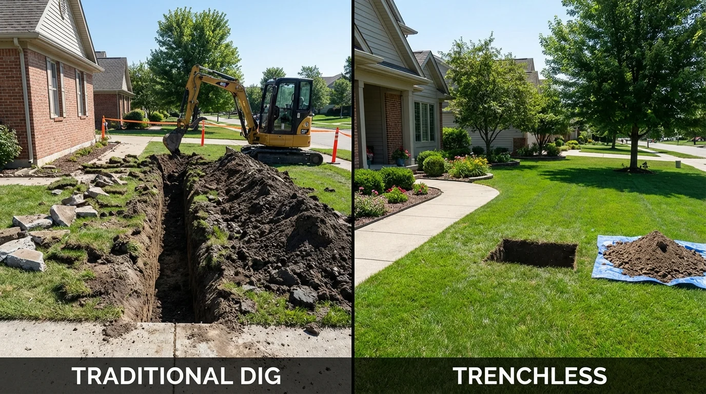 Trenchless sewer repair with minimal yard damage versus traditional excavation in Fayette, IA