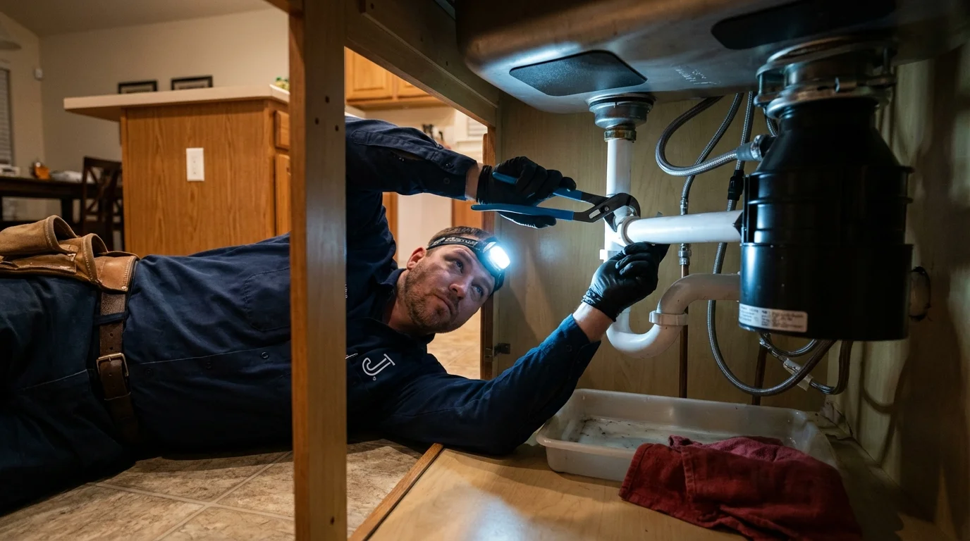 P-trap and supply line connections under a kitchen sink showing a common leak point in Fayette, IA